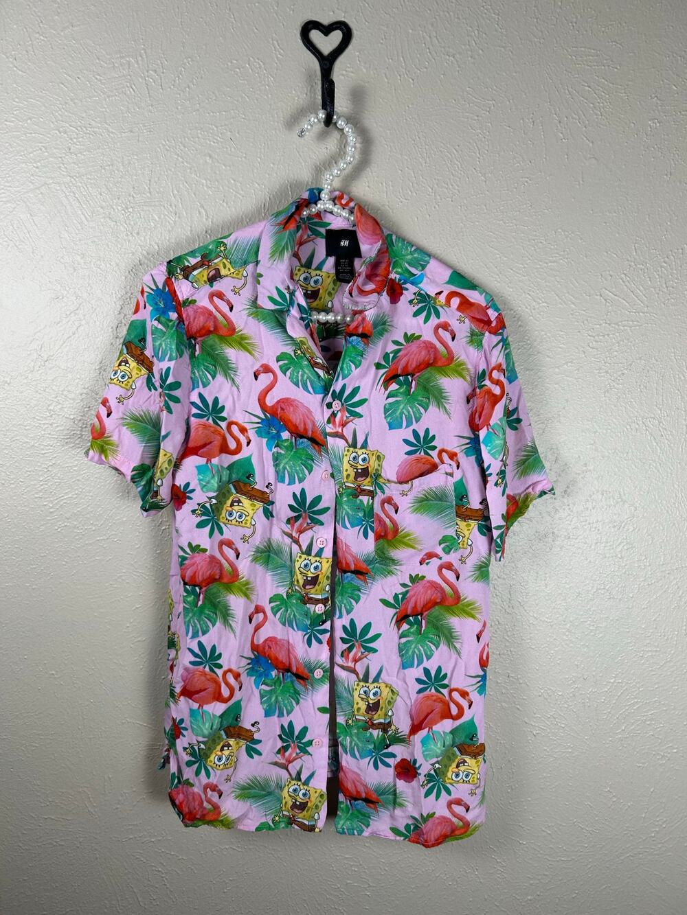 H&M Men’s Size XS Shirt SpongeBob SquarePants Button Front Tropical Hawaiian Top
